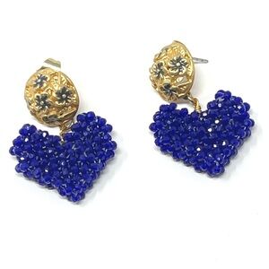 New Anthropologie Beaded Heart Gold Earrings Blue